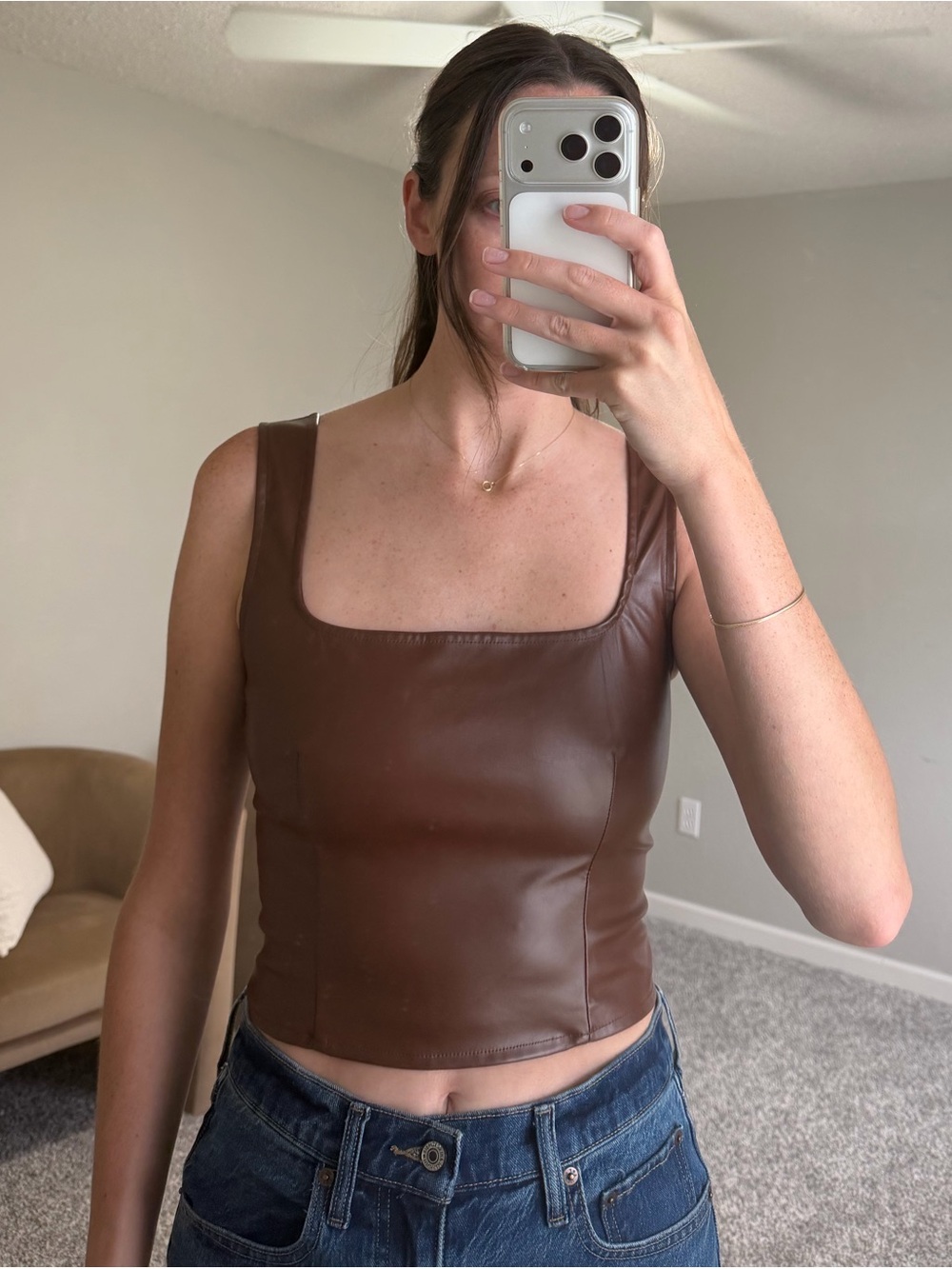 Brown Faux Leather Square-Neck Tank Top